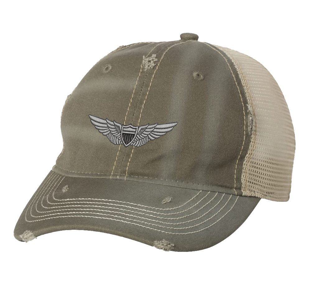 Distressed Army Aviation Trucker Hat with embroidered US Army Aviation Pilot Wings in silver, mesh back, and strapback closure – Patriotic Military Cap for Veterans and Pilots