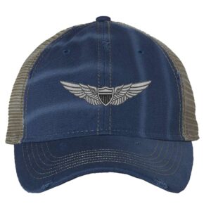 Distressed Army Aviation Trucker Hat with embroidered US Army Aviation Pilot Wings in silver, mesh back, and strapback closure – Patriotic Military Cap for Veterans and Pilots