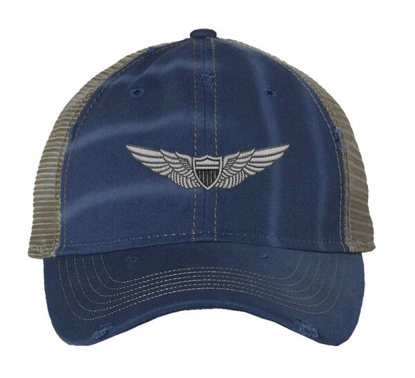 Distressed Army Aviation Trucker Hat with embroidered US Army Aviation Pilot Wings in silver, mesh back, and strapback closure – Patriotic Military Cap for Veterans and Pilots