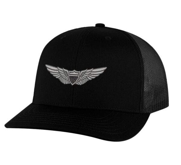 Army Aviation Trucker Hat with embroidered US Army Aviation Pilot Wings in silver, mesh back, and snapback closure – Patriotic Military Cap for Pilots and Veterans