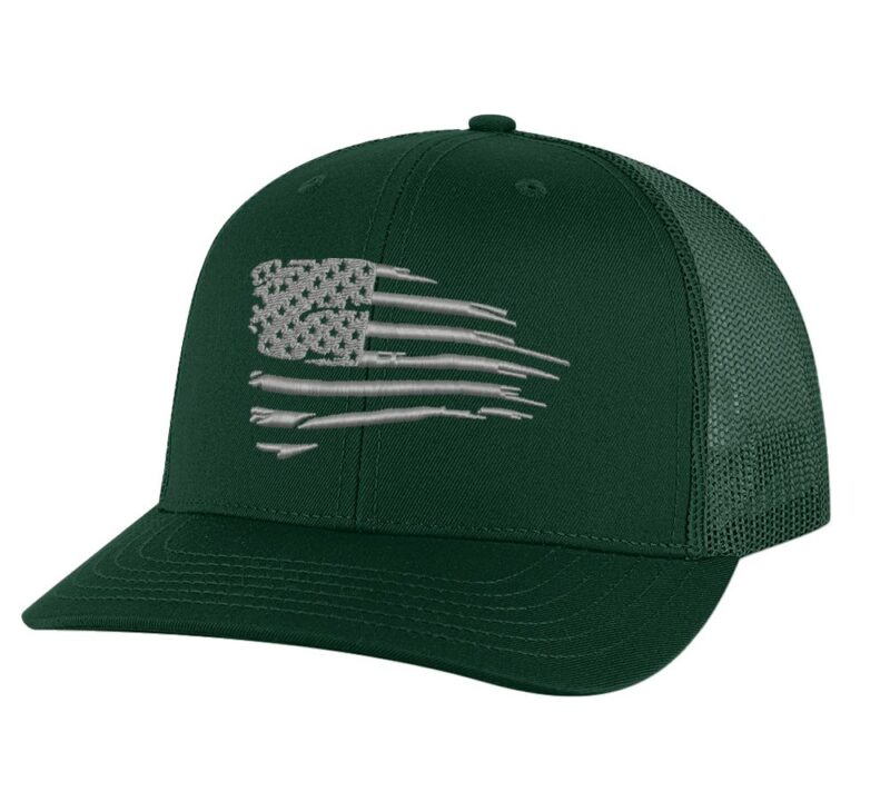 1."Distressed American Flag Snapback Hat with modern silver thread embroidery"