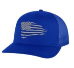 Patriotic trucker cap featuring a distressed flag design in silver thread"