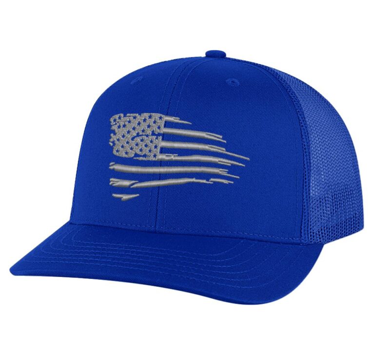 Patriotic trucker cap featuring a distressed flag design in silver thread"
