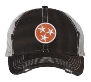 Distressed Tennessee Orange Trucker Hat with embroidered state flag and tri-star design on vibrant orange background, rugged distressed finish, and breathable mesh back, adjustable strapback cap