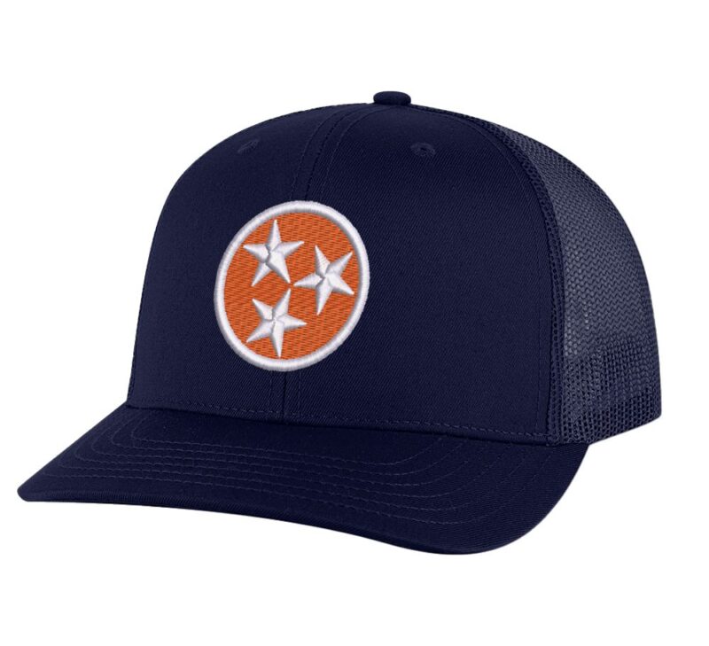 198R-Navy_Tennessee_Orange_Flag_Trucker_Hat Tennessee orange trucker hat with embroidered Tri-Star and mesh snapback