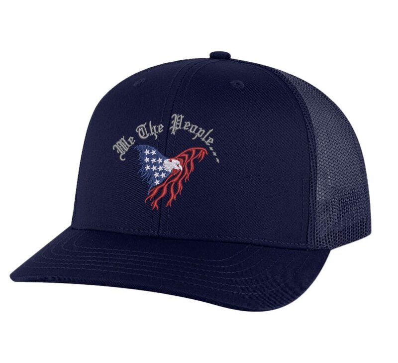 We The People Snapback Hat with embroidered eagle in American flag colors"