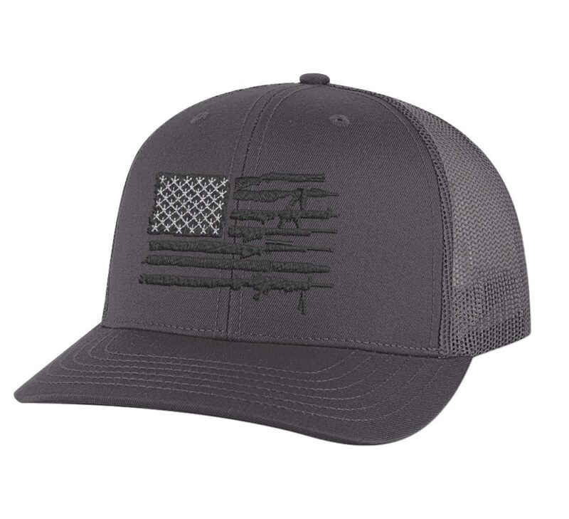 Black thread patriotic hat with rifle-striped flag, ideal for rallies and outdoor events"