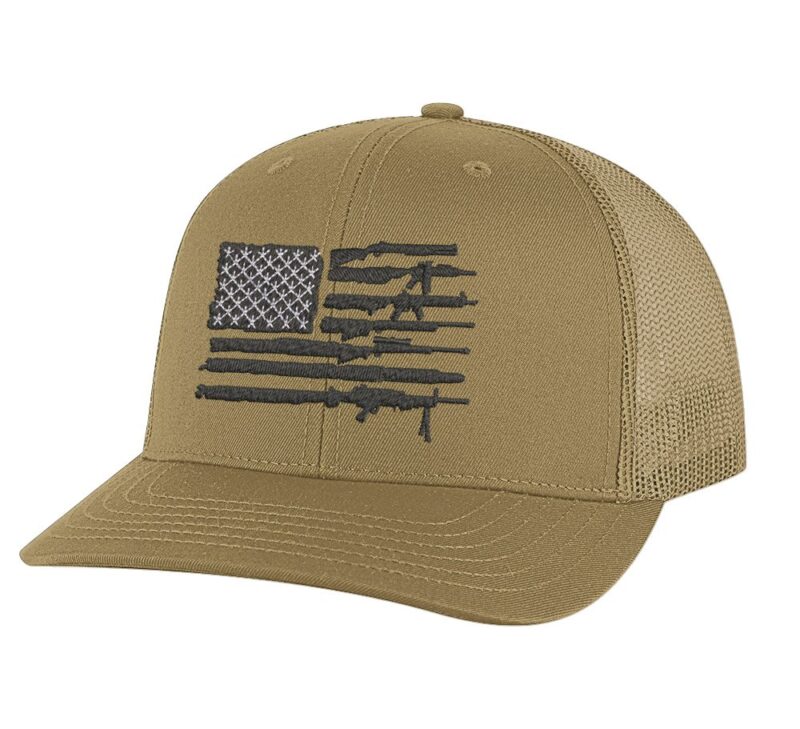 30R-Coyote_Brown_Rifle_American_2nd_Ammendment_Trucker 2nd amendment hat with patriotic 2A flag design snapback cap for gun rights supporters