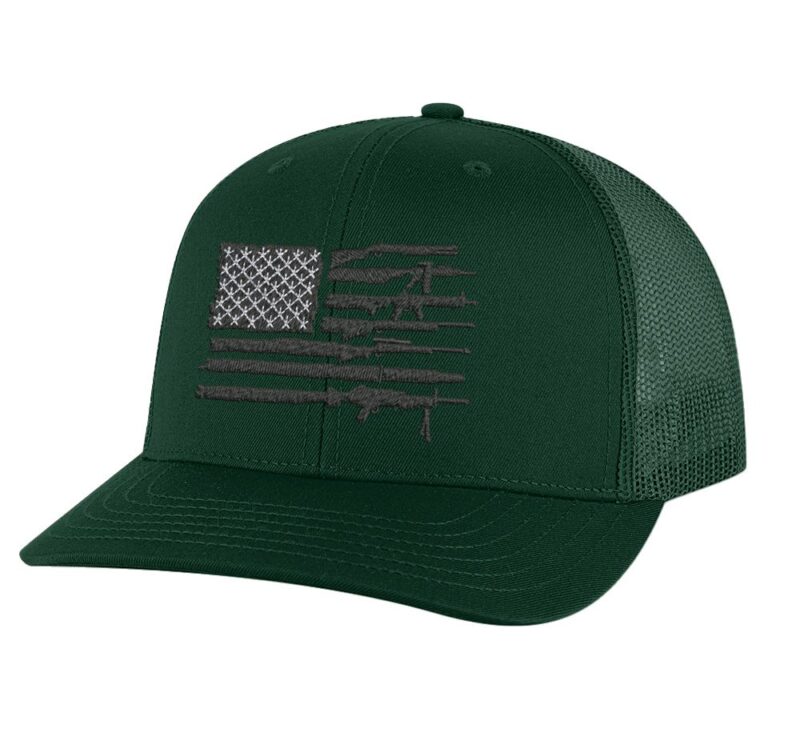 Rifle American Flag Snapback Hat with embroidered rifles replacing flag stripes"