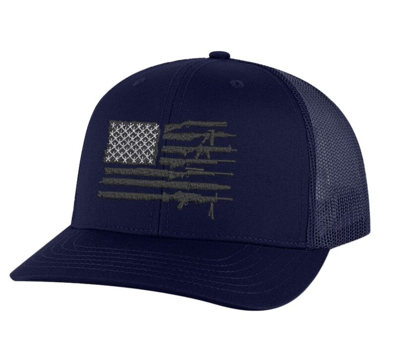 Rifle American Flag Snapback Hat with embroidered rifles replacing flag stripes"
