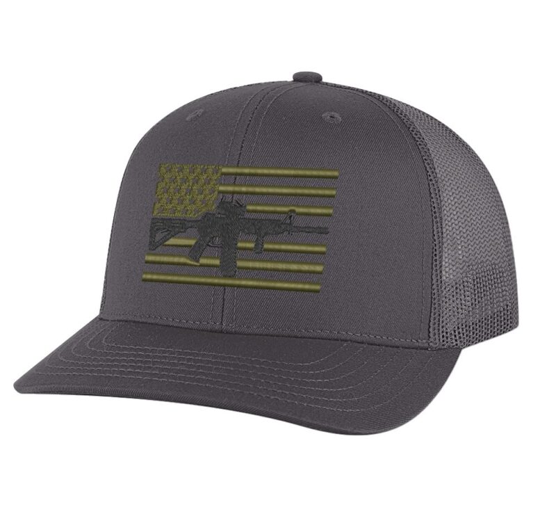 Embroidered AR-15 hat with modern flag design, perfect for gun rights advocates"