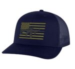 Army-colored flag hat with black AR-15, ideal for outdoor enthusiasts and patriots"