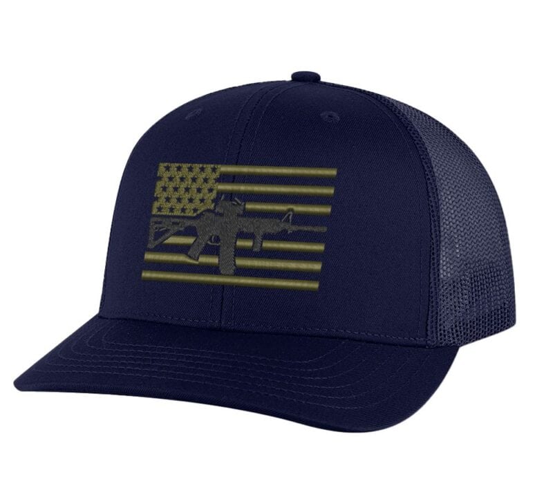 Army-colored flag hat with black AR-15, ideal for outdoor enthusiasts and patriots"
