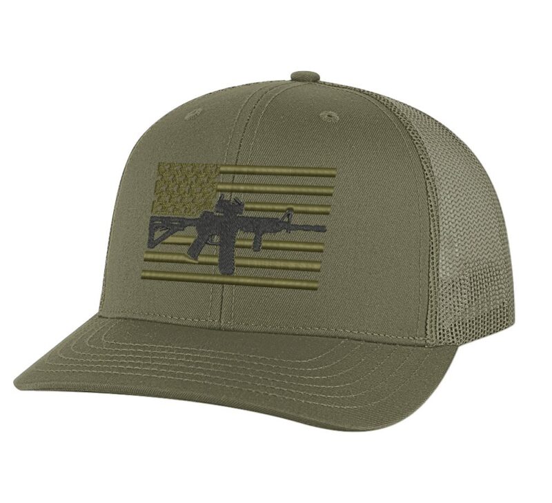 Patriotic trucker cap featuring a black AR-15 design and army-colored flag"