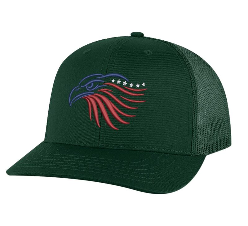 Eagle Trucker Hat with embroidered eagle head in red, white, and blue colors"