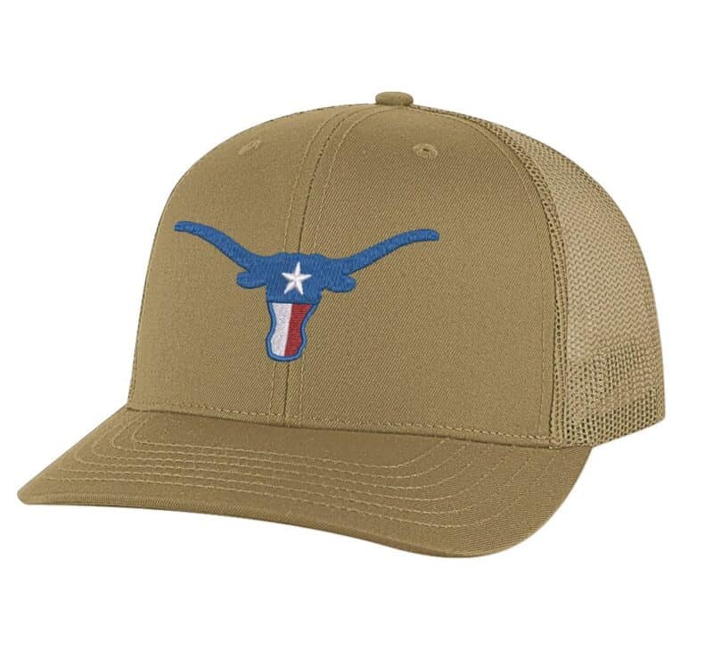 Patriotic Western-style cap featuring a Texas Longhorn and red, white, and blue colors"