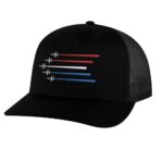 Patriotic Air Force Trucker Hat with silver-embroidered planes and red, white, and blue trails – Military Pride Snapback Cap
