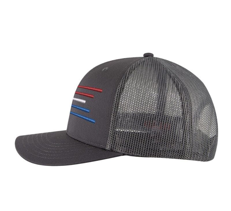 Patriotic Air Force Trucker Hat with silver-embroidered planes and red, white, and blue trails – Military Pride Snapback Cap