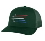 Patriotic Air Force Trucker Hat with silver-embroidered planes and red, white, and blue trails – Military Pride Snapback Cap