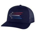 Patriotic Air Force Trucker Hat with silver-embroidered planes and red, white, and blue trails – Military Pride Snapback Cap