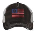 American flag baseball cap with distressed finish, embroidered flag made from baseball bats design, mesh back and adjustable strapback closure
