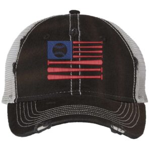 Rugged American Baseball Trucker Hat with embroidered flag made of baseball bats and baseball, distressed design, and breathable mesh back, adjustable strapback cap
