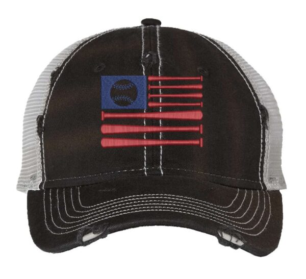 Rugged American Baseball Trucker Hat with embroidered flag made of baseball bats and baseball, distressed design, and breathable mesh back, adjustable strapback cap