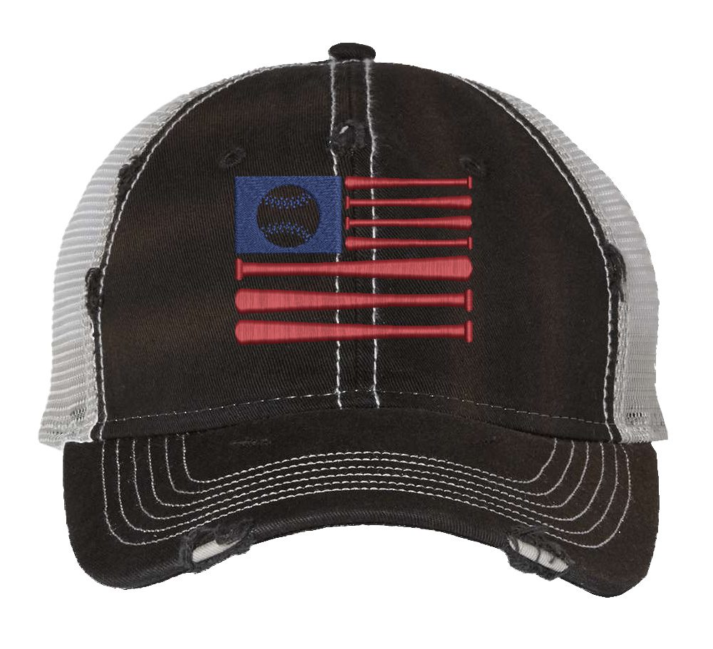 Rugged American Baseball Trucker Hat with embroidered flag made of baseball bats and baseball, distressed design, and breathable mesh back, adjustable strapback cap