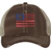 Rugged American Baseball Trucker Hat with embroidered flag made of baseball bats and baseball, distressed design, and breathable mesh back, adjustable strapback cap