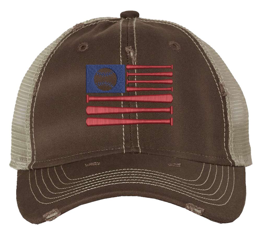Rugged American Baseball Trucker Hat with embroidered flag made of baseball bats and baseball, distressed design, and breathable mesh back, adjustable strapback cap