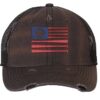 Rugged American Baseball Trucker Hat with embroidered flag made of baseball bats and baseball, distressed design, and breathable mesh back, adjustable strapback cap