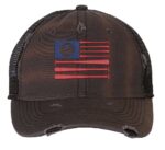 Rugged American Baseball Trucker Hat with embroidered flag made of baseball bats and baseball, distressed design, and breathable mesh back, adjustable strapback cap