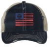 Rugged American Baseball Trucker Hat with embroidered flag made of baseball bats and baseball, distressed design, and breathable mesh back, adjustable strapback cap