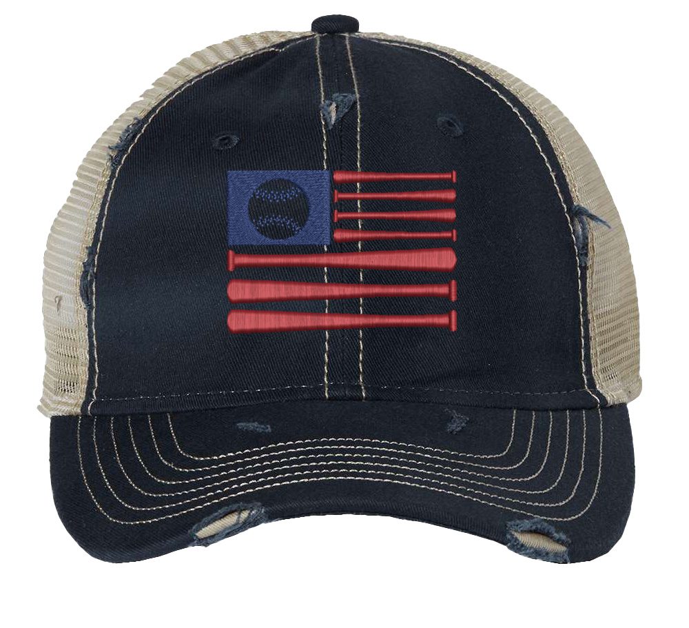 Rugged American Baseball Trucker Hat with embroidered flag made of baseball bats and baseball, distressed design, and breathable mesh back, adjustable strapback cap