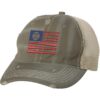 Rugged American Baseball Trucker Hat with embroidered flag made of baseball bats and baseball, distressed design, and breathable mesh back, adjustable strapback cap