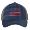 Rugged American Baseball Trucker Hat with embroidered flag made of baseball bats and baseball, distressed design, and breathable mesh back, adjustable strapback cap