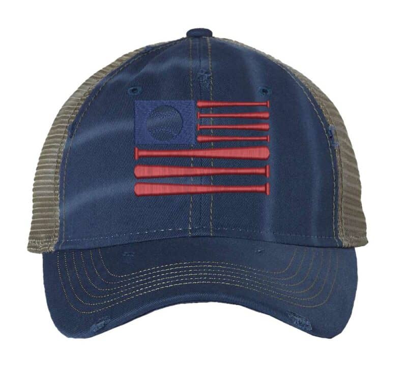 Rugged American Baseball Trucker Hat with embroidered flag made of baseball bats and baseball, distressed design, and breathable mesh back, adjustable strapback cap