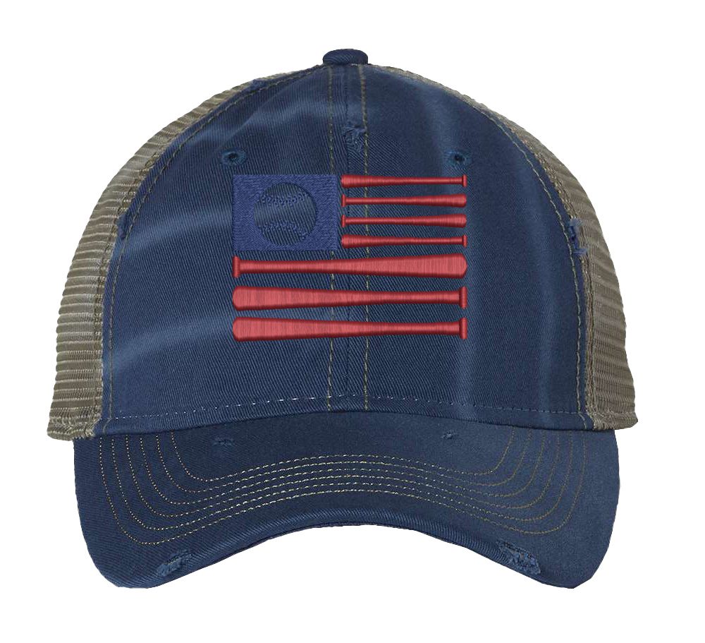 Rugged American Baseball Trucker Hat with embroidered flag made of baseball bats and baseball, distressed design, and breathable mesh back, adjustable strapback cap