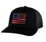 American flag baseball cap with embroidered flag made from baseball bats design, mesh back and adjustable snapback closure