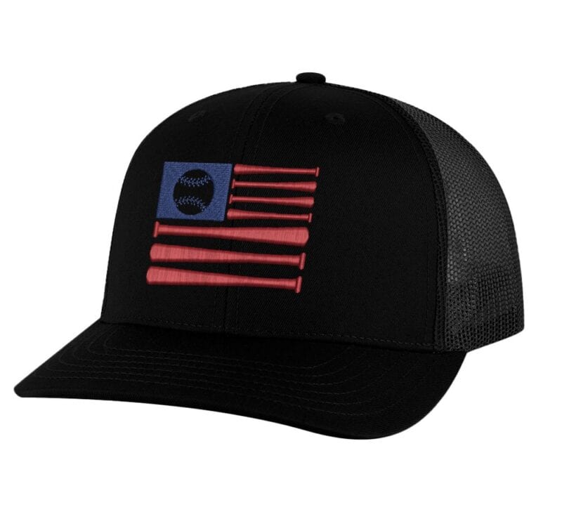 American flag baseball cap with embroidered flag made from baseball bats design, mesh back and adjustable snapback closure