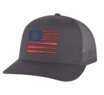 Classic American Baseball Trucker Hat with embroidered flag made of baseball bats and baseball, breathable mesh back, and adjustable snapback cap