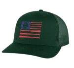 Classic American Baseball Trucker Hat with embroidered flag made of baseball bats and baseball, breathable mesh back, and adjustable snapback cap
