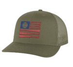 Classic American Baseball Trucker Hat with embroidered flag made of baseball bats and baseball, breathable mesh back, and adjustable snapback cap