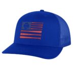 Classic American Baseball Trucker Hat with embroidered flag made of baseball bats and baseball, breathable mesh back, and adjustable snapback cap