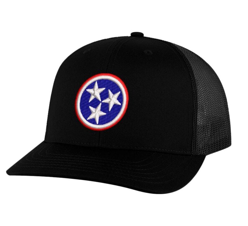 Tennessee Trucker Hat with embroidered Tri-Star state flag, 3 white stars on blue background, and red/white rings – Tennessee Pride Snapback Cap