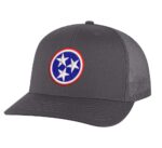 Tennessee Trucker Hat with embroidered Tri-Star state flag, 3 white stars on blue background, and red/white rings – Tennessee Pride Snapback Cap