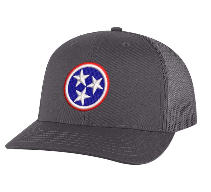 Tennessee Trucker Hat with embroidered Tri-Star state flag, 3 white stars on blue background, and red/white rings – Tennessee Pride Snapback Cap