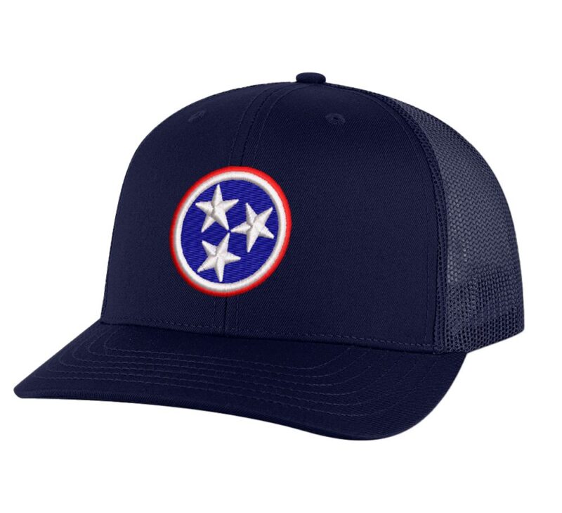 Tennessee Trucker Hat with embroidered Tri-Star state flag, 3 white stars on blue background, and red/white rings – Tennessee Pride Snapback Cap