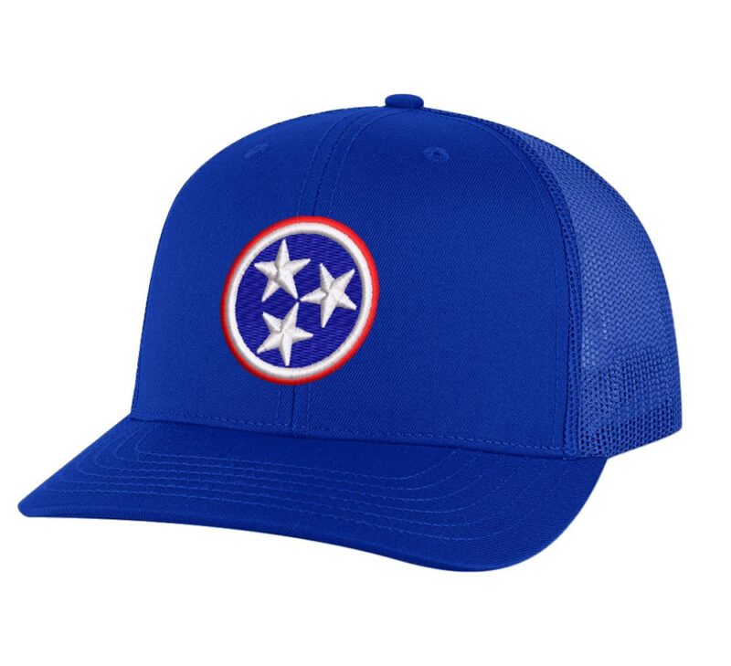 Tennessee Trucker Hat with embroidered Tri-Star state flag, 3 white stars on blue background, and red/white rings – Tennessee Pride Snapback Cap
