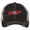 Rugged Distressed Tennessee Trucker Hat with embroidered state shape and tri-star design, distressed finish, and breathable mesh back, adjustable strapback cap